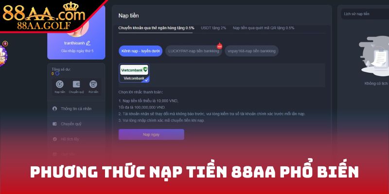 Phương thức nạp tiền 88AA phổ biến