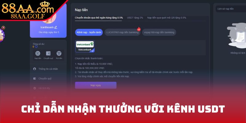 Chỉ dẫn nhận thưởng với kênh USDT
